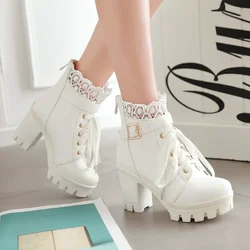 Women's Motorcycle Boots Leather Winter Ladies Boot  Stylish Lady Lace Ankle Shoes High Heel Platforms Sexy Botas Buckle