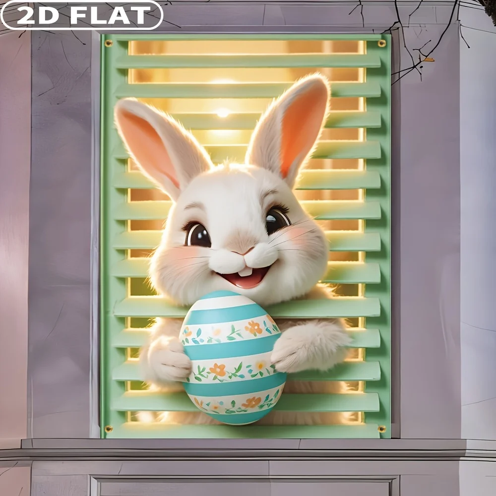 2D FLAT 1pc Party Packs Easter Bunny & Egg Window Banner- Polyester, Indoor/Outdoor Decorative Flag