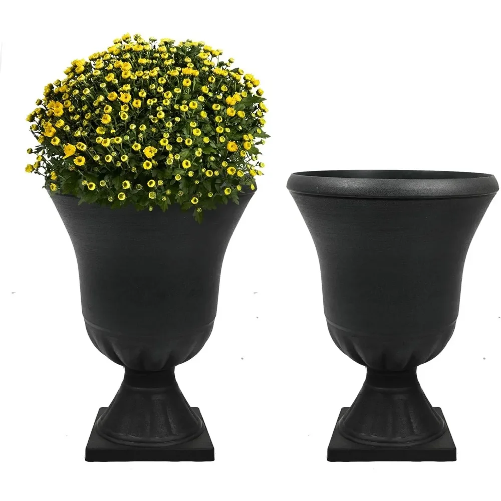 

Garden 2-Pack Plastic Urn Planters for Outdoor Plants, 22'' Black Tall Round Classic Resin Traditional Flower Pots - 15 in