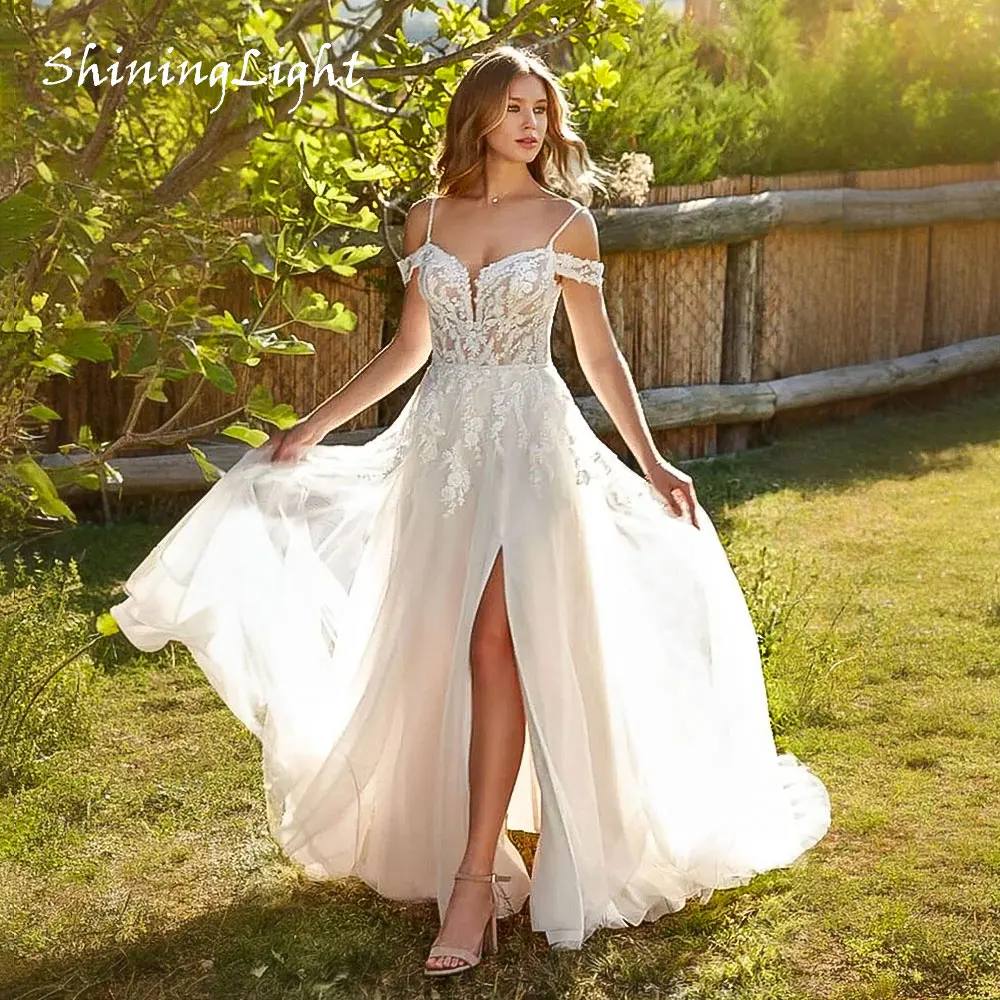 

ShiningLight Boho Sweetheart Wedding Dress Off The Shoulder Backless Lace Applique Tulle Side Split Sexy Bridal Gowns Customized