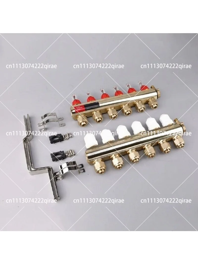 Brass profile floor heating manifold with visual float flow meter and adjustable temperature control