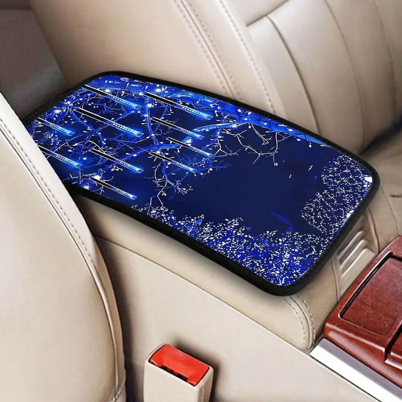 1Pc Car Armrest Cover + 2Pcs Cup Coasters Blue Meteor Tree Lights Print For Car Interior