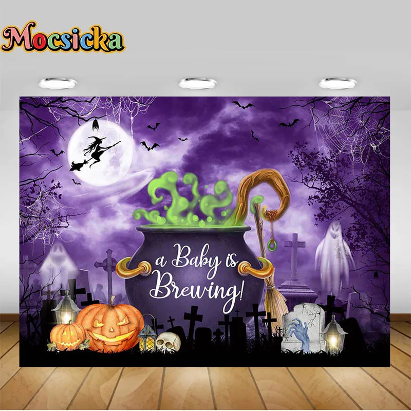 Mocsicka Photography Backdrops Halloween Witch Pumpkin and Cauldron Autumn Bats Animal Boiler Backgrounds Photo Booth Props