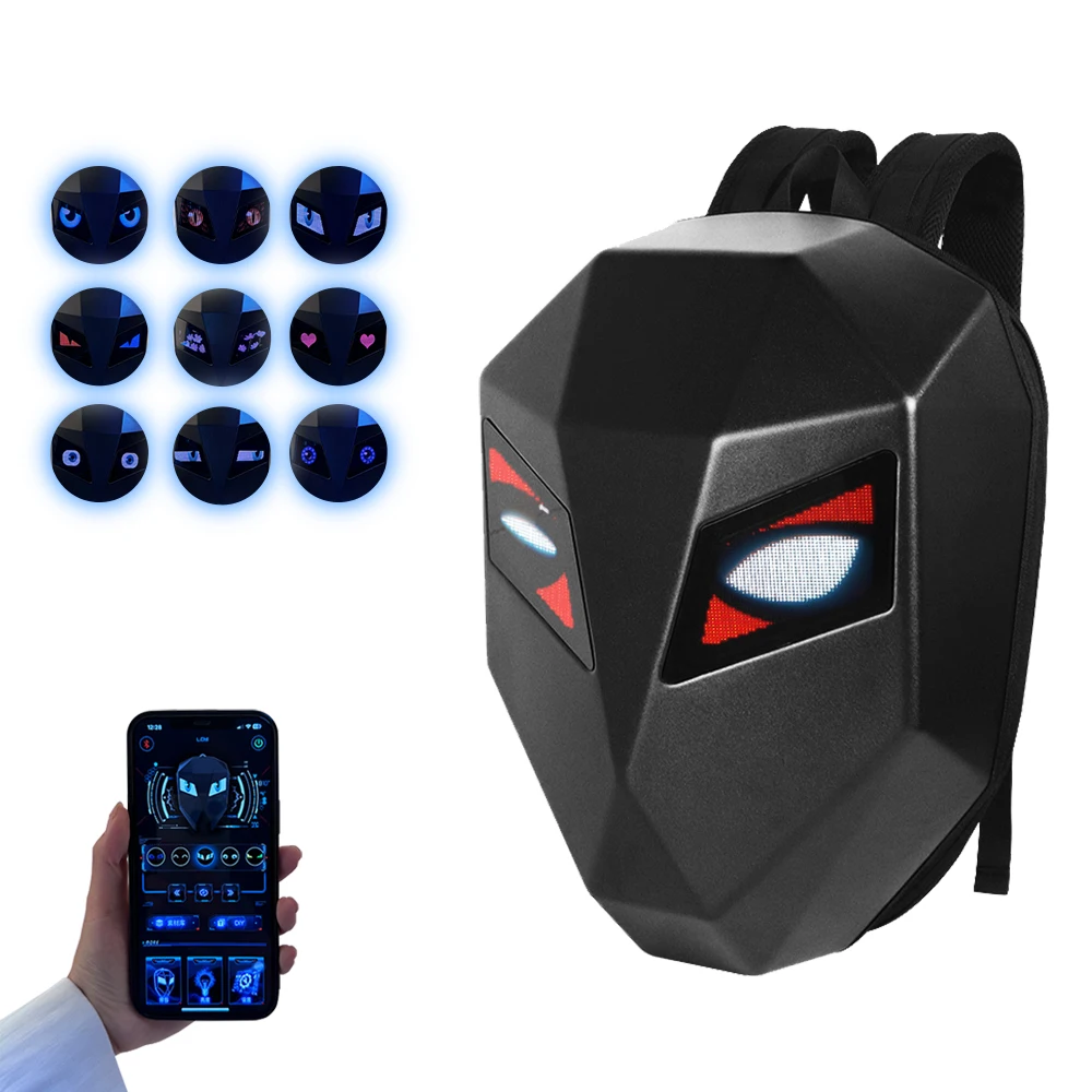 

Motorcycle LED Screen Display Hard Shell Backpack DIY Eyes Riding Helmet Storage Bag Large Capacity Backpack With Remote Control