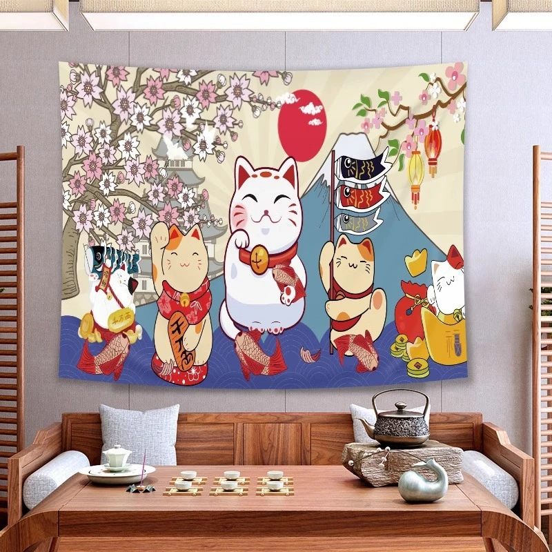 VIKAMA Cool Lucky Cat Tapestry Wall Hanging Koi Fish Urban Graffiti Red Blue Orange Aesthetic Wall Art Living Room Decor