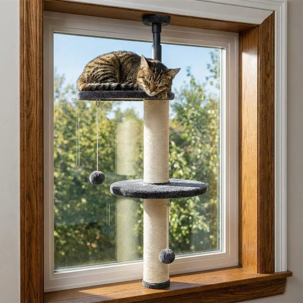 

Indoor Window Use, Wood and Metal Material, No Color Specified, Adjustable and Sturdy Cat Window Perch for Large Cats