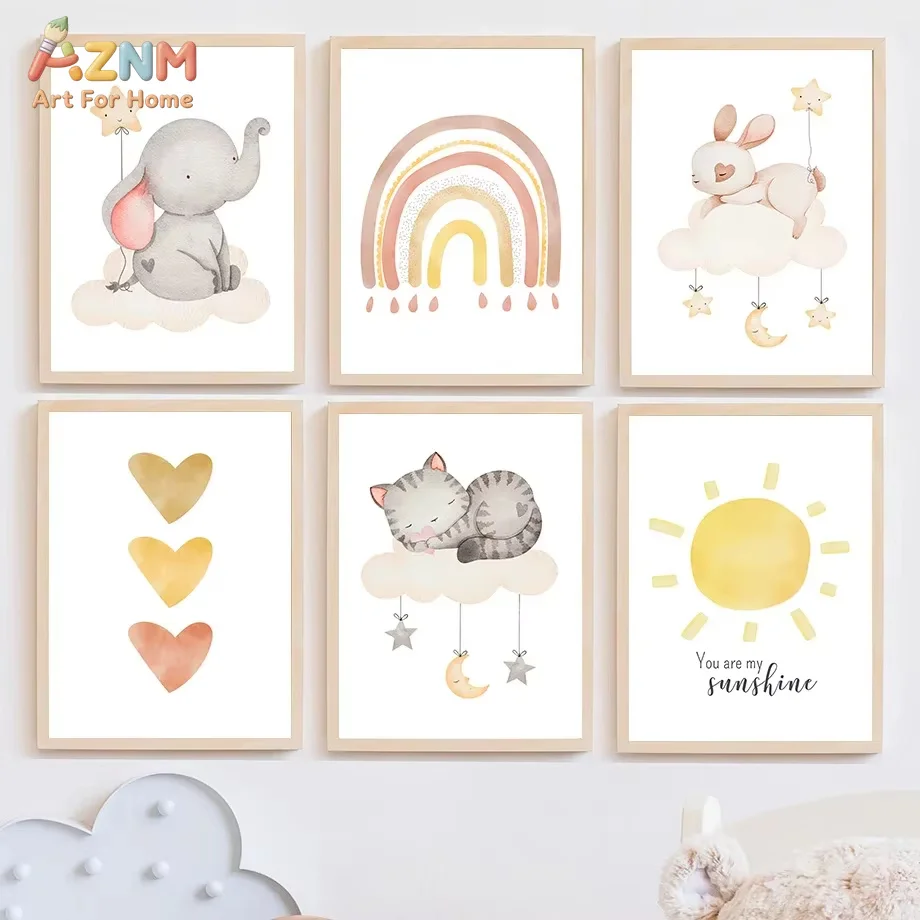 Elephant Rabbit Cat Wall Art Canvas Painting Sun Rainbow Moon Star Cloud Boho Posters And Prints Wall Pictures Room Decor