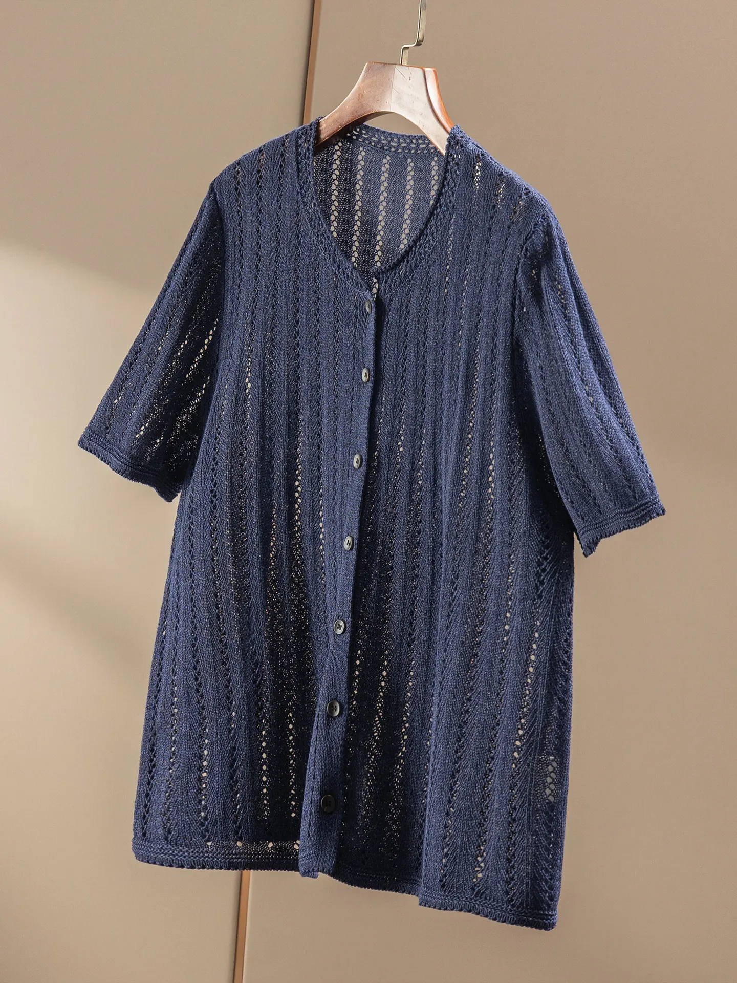 French Exquisite Hollowed Out with Modal Crew Neck Long-sleeved Knitted Cardigan for Women 99I1