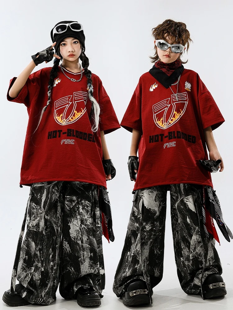 

Teenager Hip Hop Clothes Street Dance Costume Boys Red T Shirt Baggy Cargo Pants Girls Kpop Jazz Performance Clothing BL15474