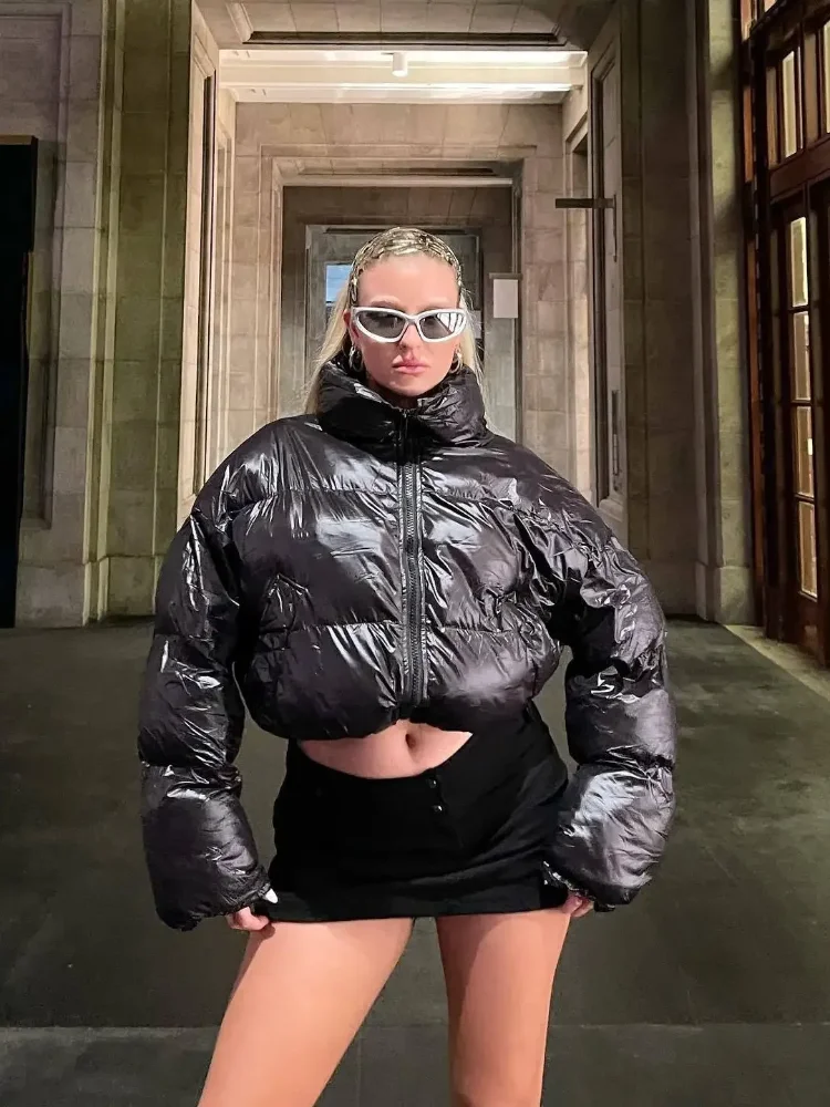 

Однотонное модное блестящее короткое хлопковое пальто, женское повседневное пальто с воротником-стойкой и карманом на молнии, теплые свободные пальто, женская зимняя повседневная уличная верхняя одежда