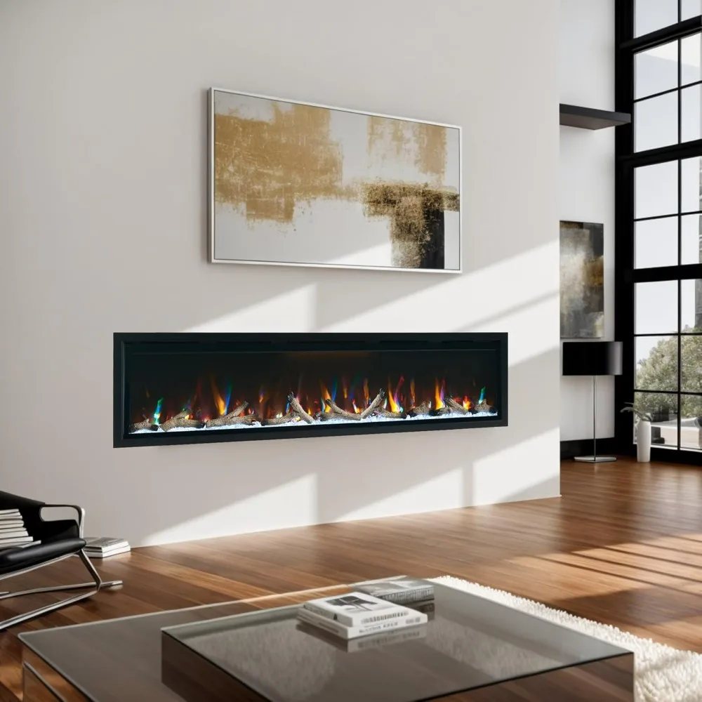 72 Inch Electric Fireplace w/Aluminum Frame, Hidden Air Vents Design, Recessed and Wall Mounted Fireplace Heater