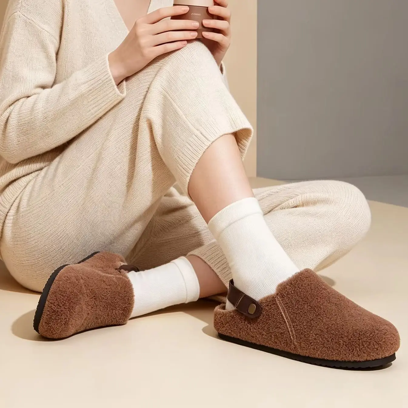 Smile Popcorn New Ladies Fluffy Sherpa Lined Clog Mules Suede Buckle Strap Non Slip Soft Warm Plush Indoor Home Slippers Women
