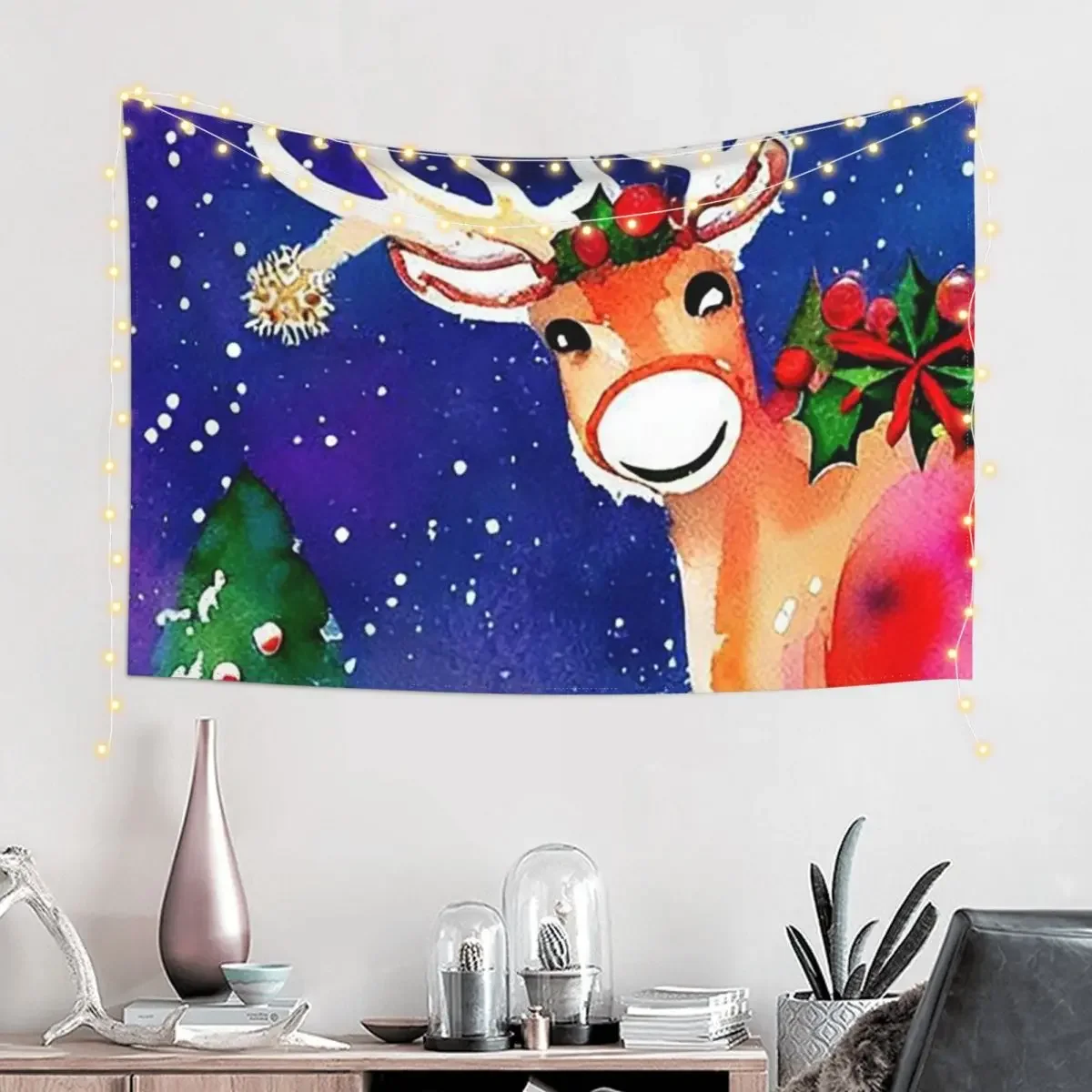 Happy Festive Reindeer in Watercolor Tapestry Room Decorating Aesthetic Bedroom Decorations Tapestry