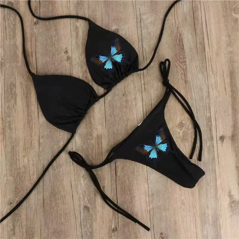 Women Sexy Halter Lace Up Two Piece Swimsuit Holiday Beach Tankini Push Up Bikini Set Solid Bathing Suit Triangle Thong Swimwear