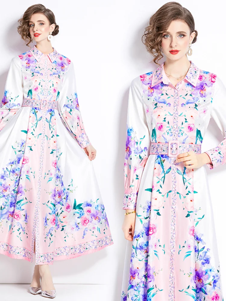 

Women Elegant Bohemian Beach Party Style Dress Spring Summer Slim Collar Printed Shirt Collar High Waist A-line Dress for Women