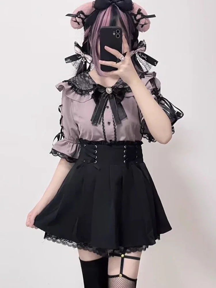 Japanese Kawaii Girl Lolita Flare Sleeve Shirt Y2k Aesthetic Summer Lace Patchwork Sweet Blouse Women Jk Bow Grunge Cute Tops