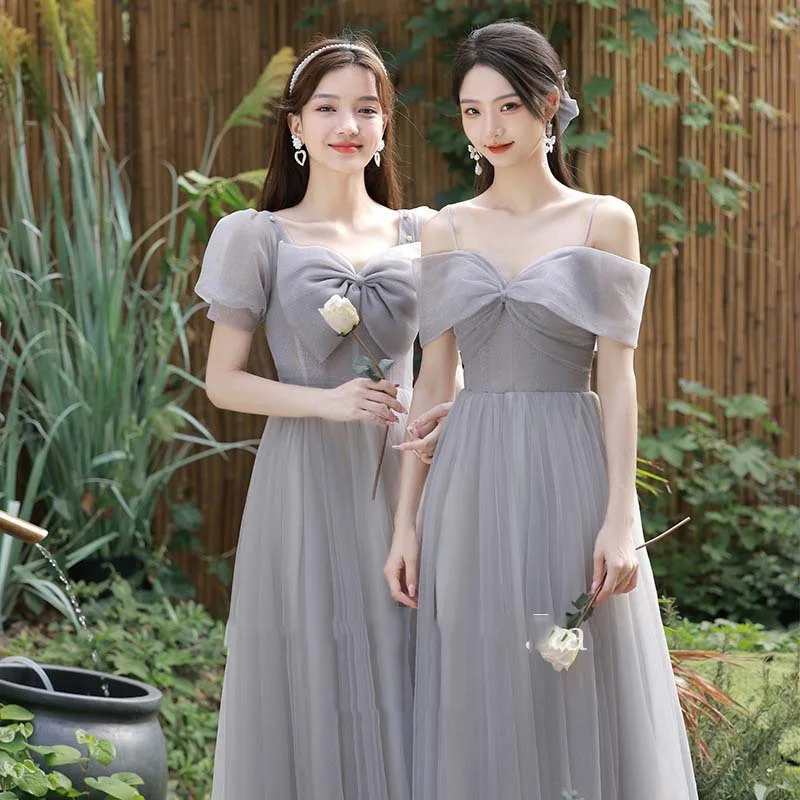 4 Styles Gray Bridesmaid Dresses Simple Tulle Off-shoulder Sisters Party Prom Gown Cute Bow Lace Up Wedding Floor-Length Gowns