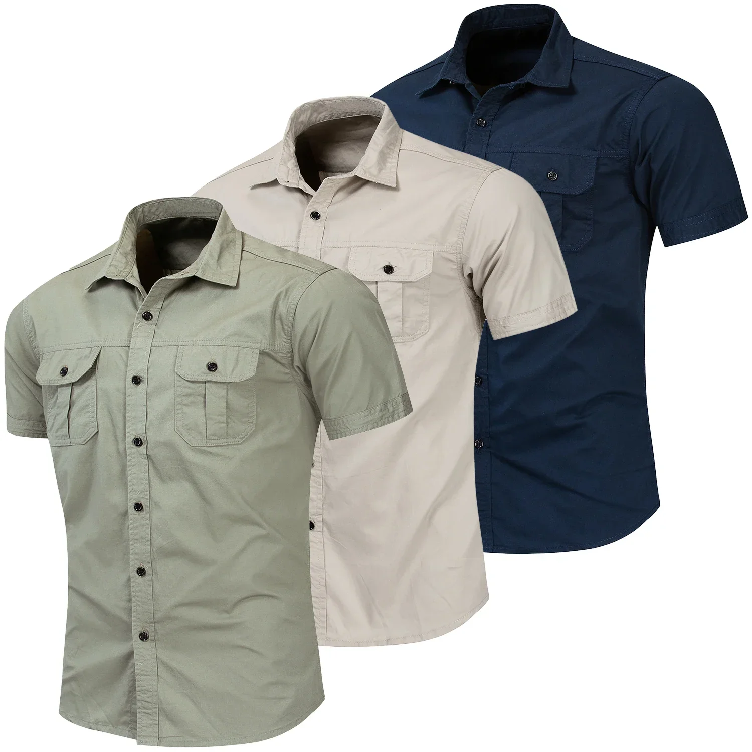 

2024 Summer New Fashion Men Short Sleeve Solid Color Military Shirt Casual Cargo Work 100% Cotton Pocket Shirts Male Plain Tops