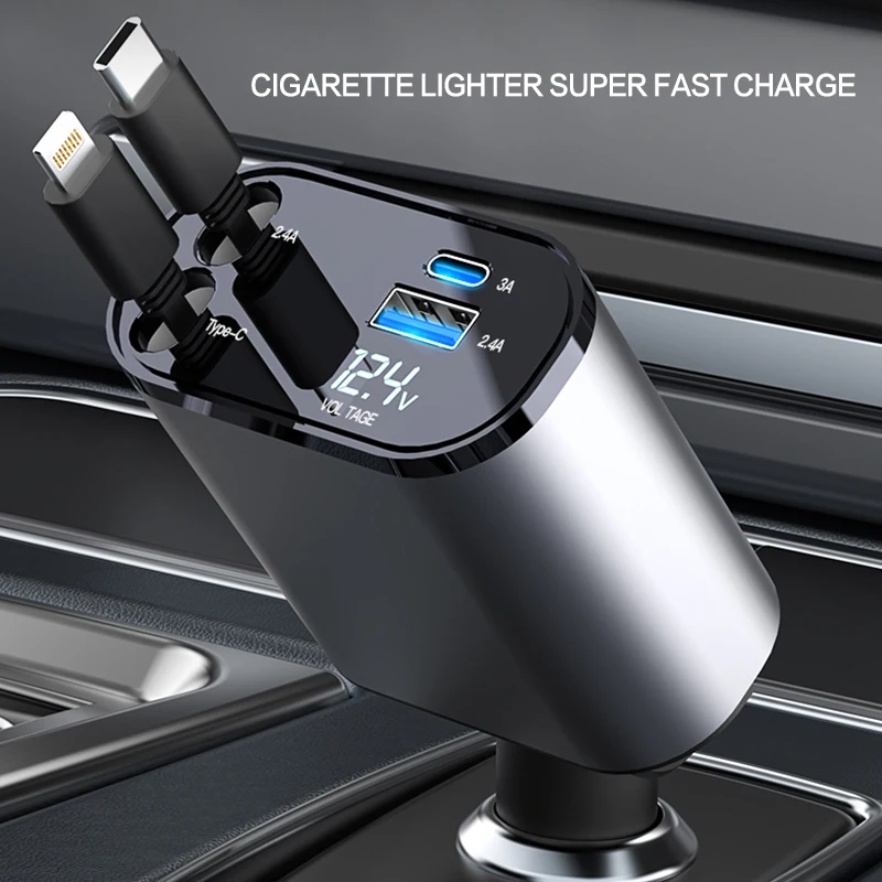 Retractable Car Charger 4 in1 Fast Car Phone Charger 100W USB C Car Charger Adapter (2.6Ft) and 2 USB Ports Car fast Charger