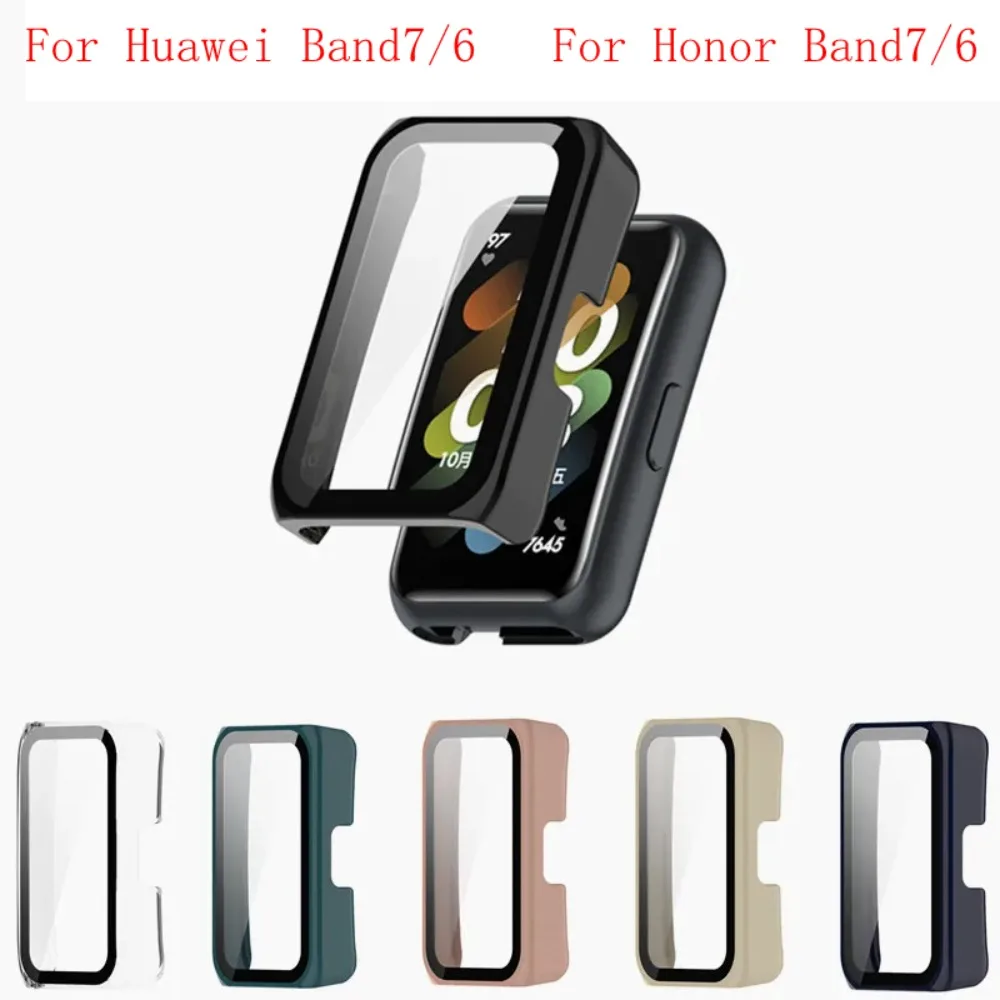 PC+Glass Watch Protective Case Full Coverage Hard PC Shell Anti Scratch and Rubbing Lightweight for Huawei /Honor Band7/6