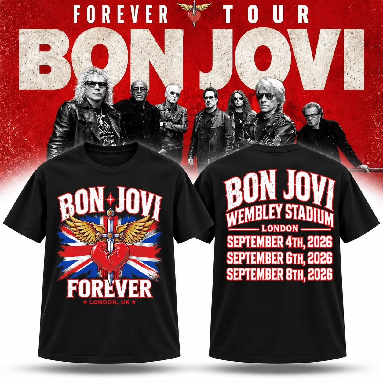 Bon Jovi Forever Tour 2026 Wembley Stadium London Double Sided Graphic T Shirt Unisex Cotton Short Sleeve Rock Band Concert Tee
