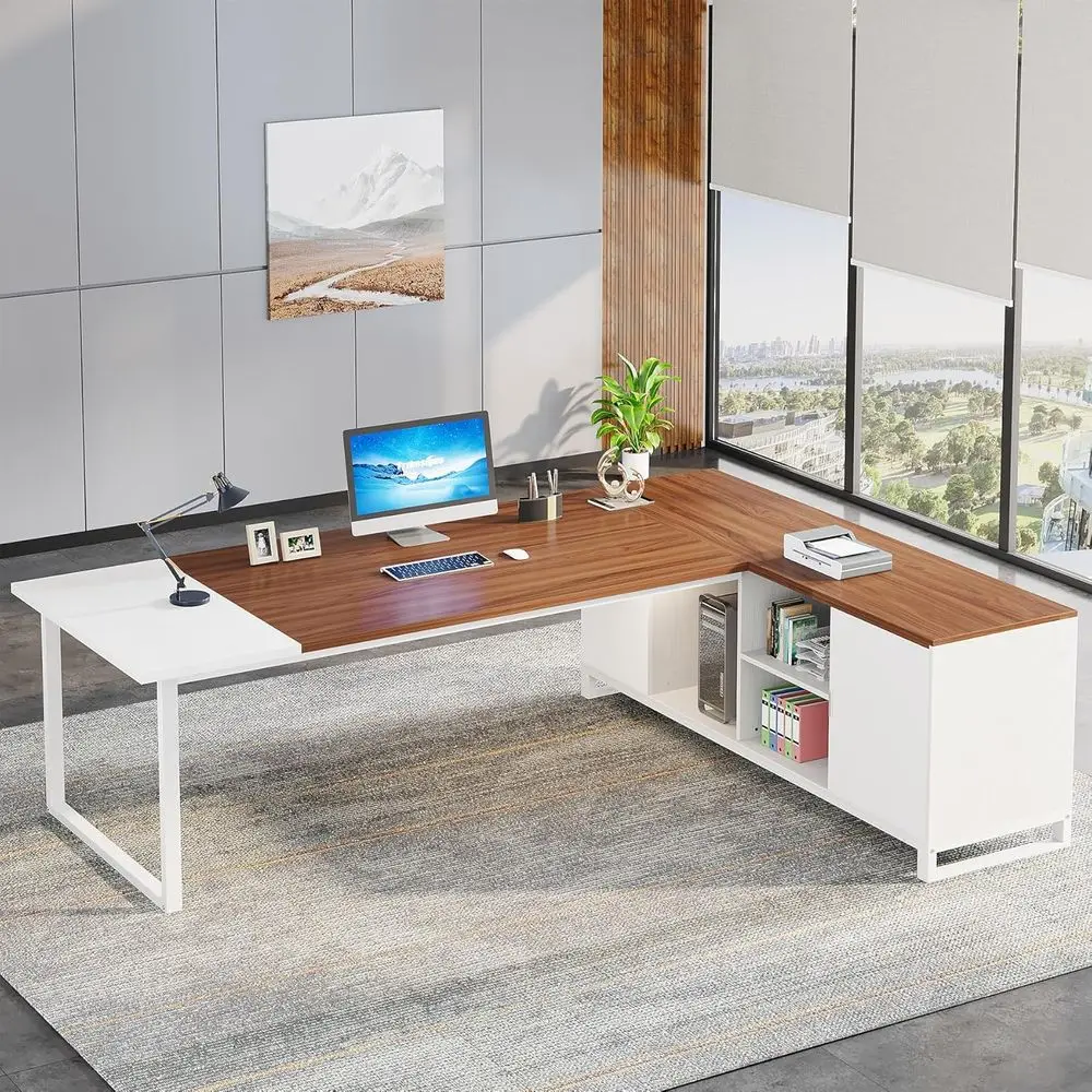 

70.8 L-Shaped Desk with 55 File Cabinet, Spacious Home Office Computer Desk with Storage, Walnut White