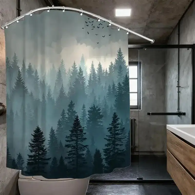 

Занавеска для душа с изображением туманного соснового леса и летящих птиц – 12 крючков, 70,87x70,87 дюймов, декор для ванной комнаты в природном стиле