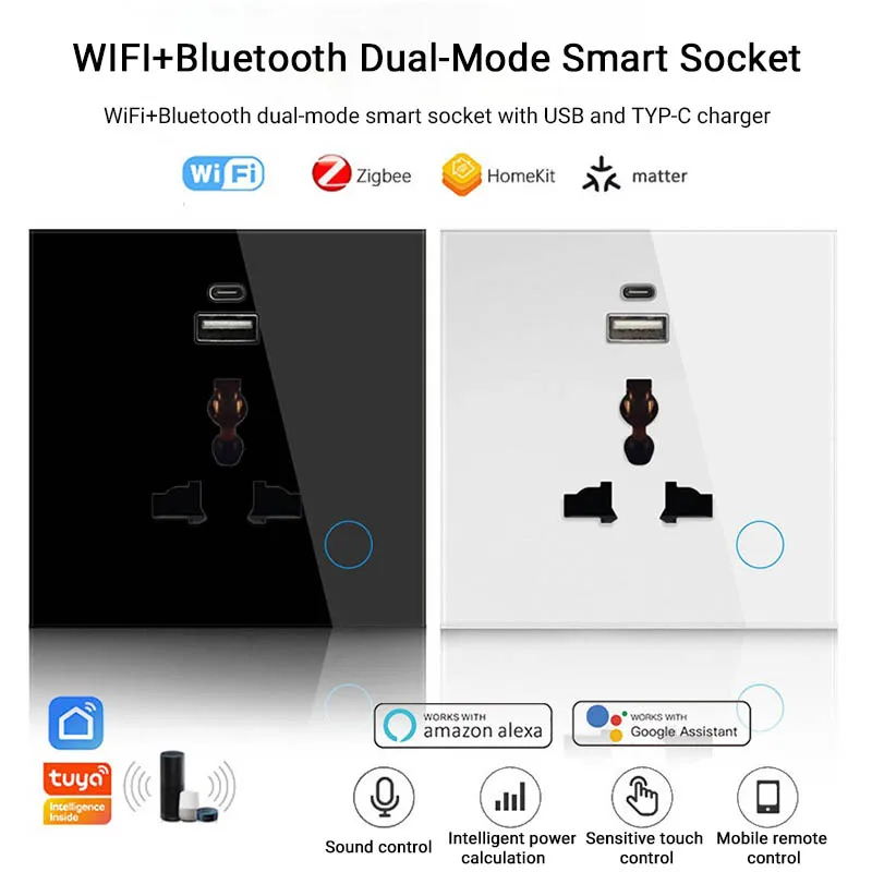 WiFi Intelligent 16A Wall Sockets USB Type-c Touch Switch Socket Alexa Voice & APP Remote Control Smart Home UK-Plugs Sockets