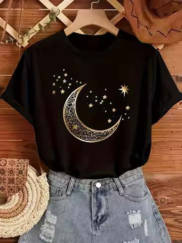 Camiseta feminina elegante com estampa de estrelas e lua, casual, manga curta, gola redonda, para primavera verão, estampa dourada, ajuste confortável
