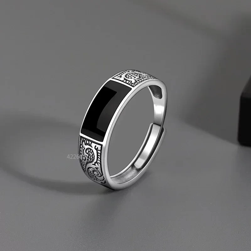 Trend ige Mode Silber Ring für Männer Schmuck schwarz Rechteck Retro Drachen muster Ring männlich Infex Finger Accessoires offen