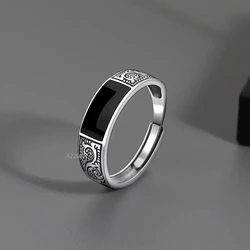 Trendy Fashion Silver Ring for Men Jewelry Black Rectangle Retro Dragon Pattern Ring Male Infex Finger Accessories Open