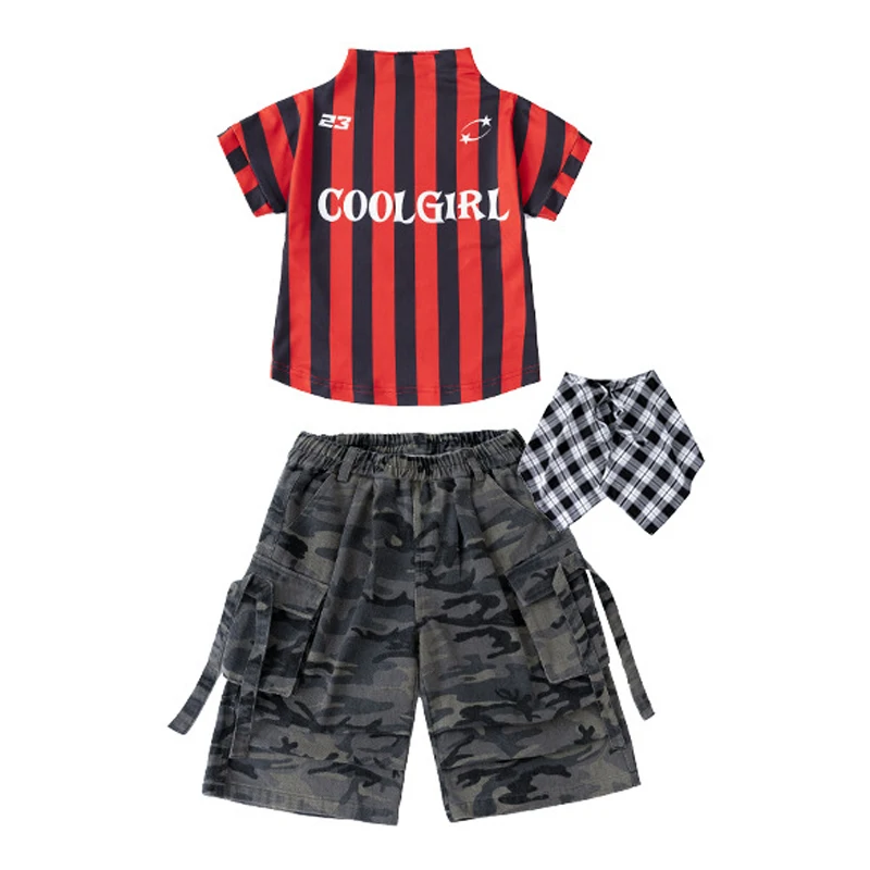 Kind Hip Hop Kleidung Set Rot Schwarz Streifen T-shirt Tops Camouflage Shorts Kind Street Dance Kostüm Mädchen Jazz Modern Dance Anzug