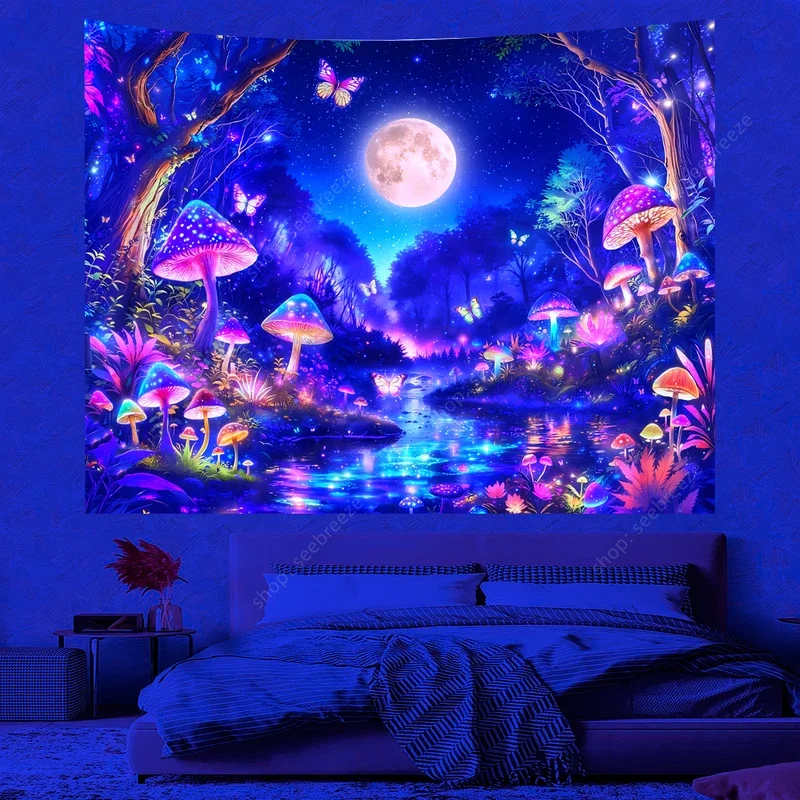 Boho Mushroom Butterfly UV Reaction Tapestry Forest Moon Neon Carpets Hippie Bedroom Aesthetic Dormitory Decor Party Decor