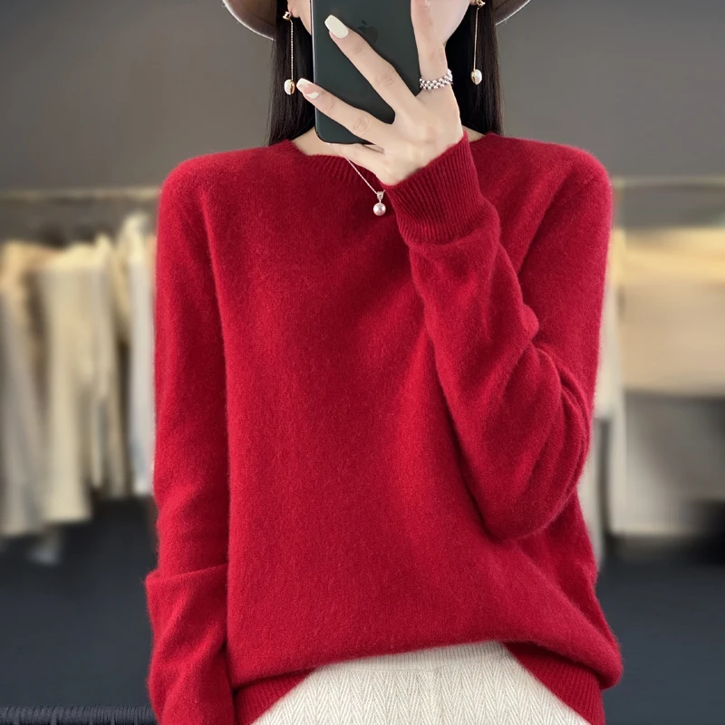 Autumn and winter 100% merino wool cashmere sweater O-neck fashion bottoming pullover casual knitted solid color long sleeve top