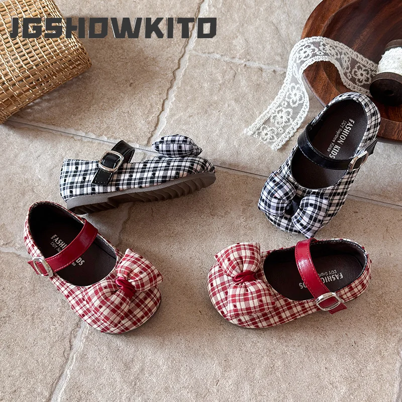 JGSHOWKITO Little Girls Plaid Mary Jane Shoes Sweet Bow Children Leather Shoes for Princess Wedding Party Kids School Flat Shoes