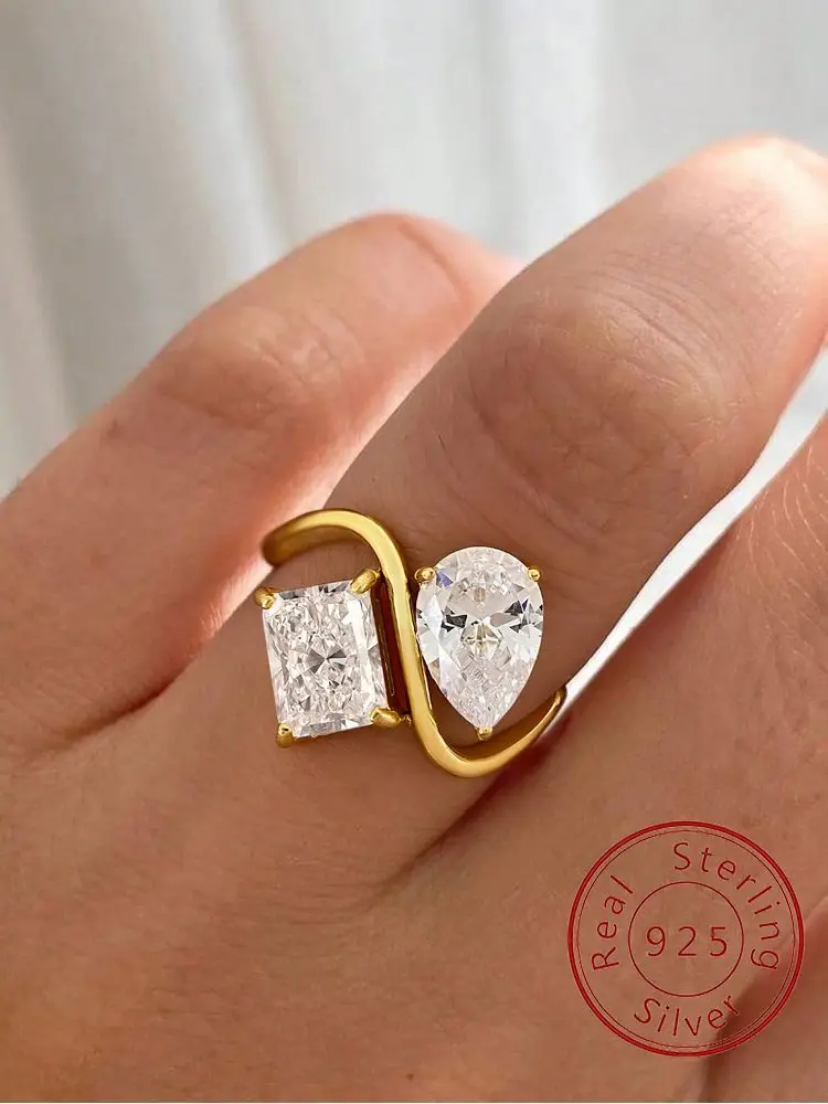 

925 Sterling Silver Elegant Golden Water Drop Rectangle Zirconia Ring For Women Anniversary Luxury High Quality Fine Jewelry