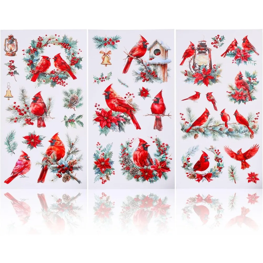 3Pcs Christmas Cardinal Furniture Transfer 6x12inch Christmas Mistletoe Rub on Transfer Self-Adhesive Wall Art Decals