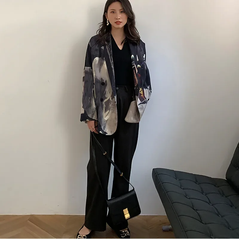 Vintage Patchwork Print 2024 Loose High Street Women Blazers Jackets Fashion Spring Autumn Female Long Sleeve Suits Coat