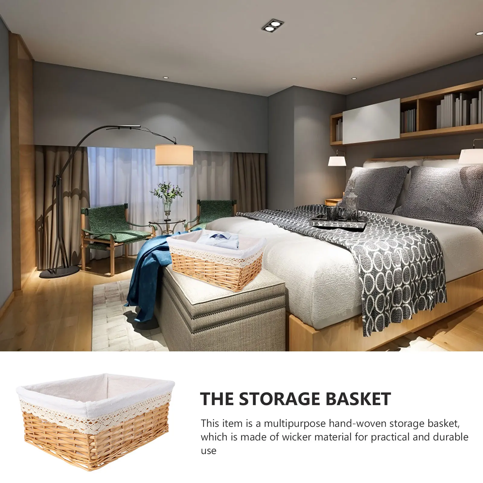 

Wicker Storage Basket 40x30x16cm Hand Woven White Liner Removable Bathroom Bedroom Office Organization Container