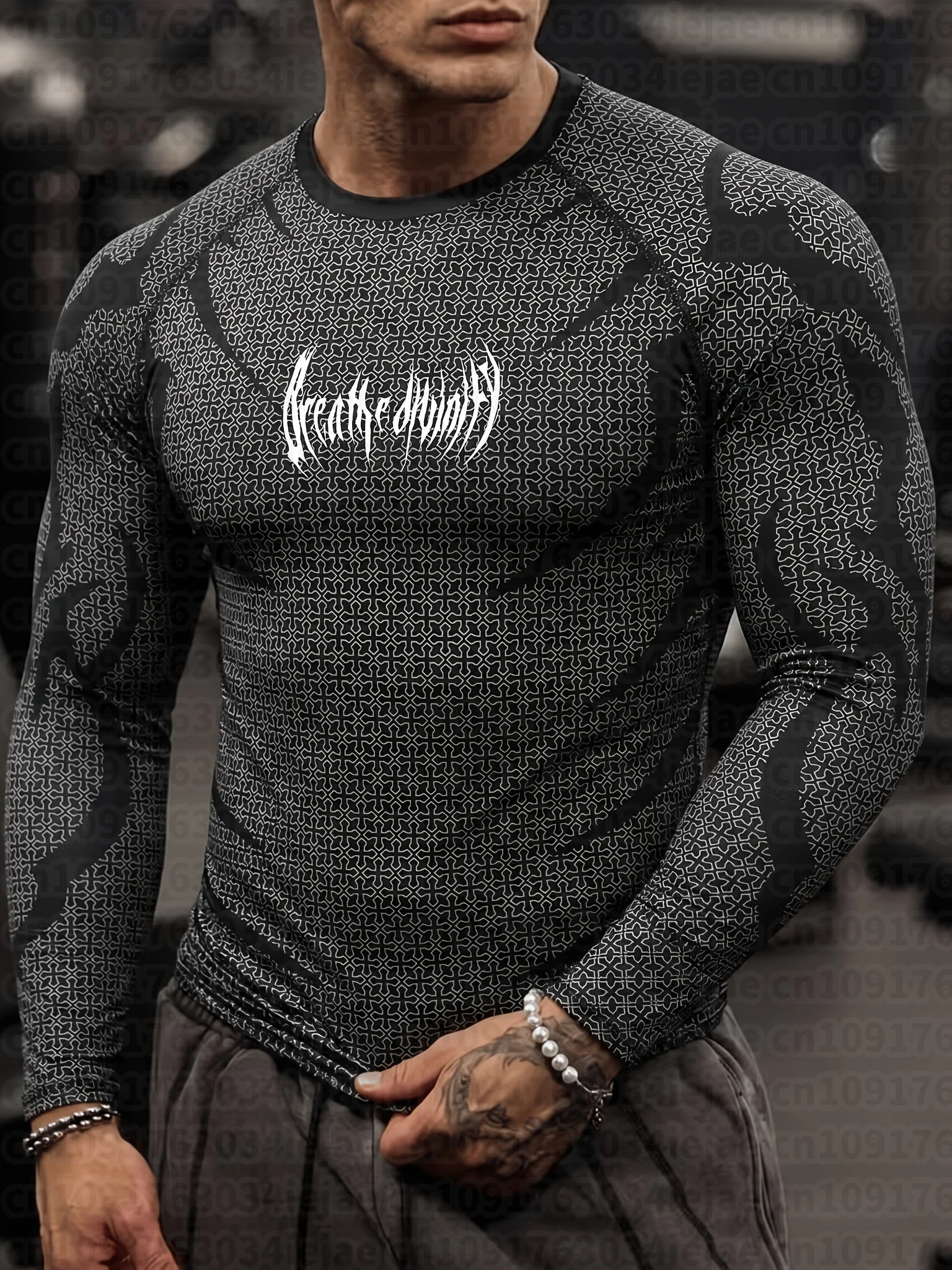 Herren Kinder Mock Neck Fitness Langarm-Oberteil Geometrische Textur Gezackter Gothic-Schriftzug Workout-Training Unterziehshirt – Detail 7
