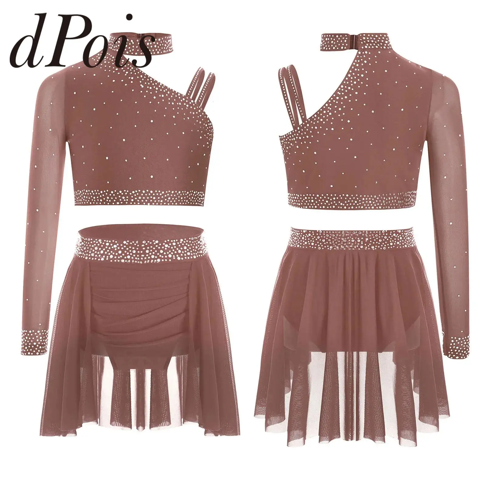 

Детское платье для фигурного катания для девочек, гимнастический костюм для балета и танцев, укороченный топ со стразами и рюшами, нерегулярная танцевальная юбка, танцевальная одежда