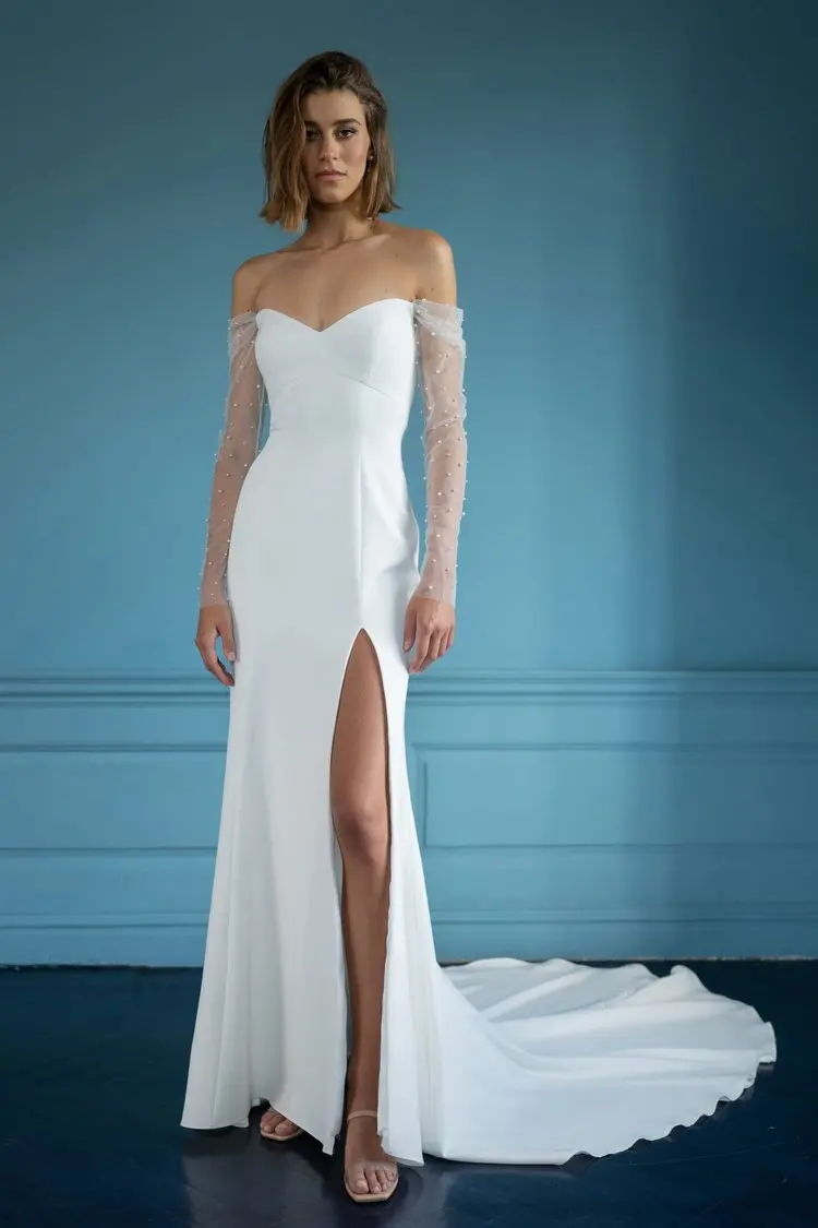 Robes de mariée sirène à manches longues perlées simples, gaine chérie, train de balayage, sur mesure, Rode De Morrie, 2024