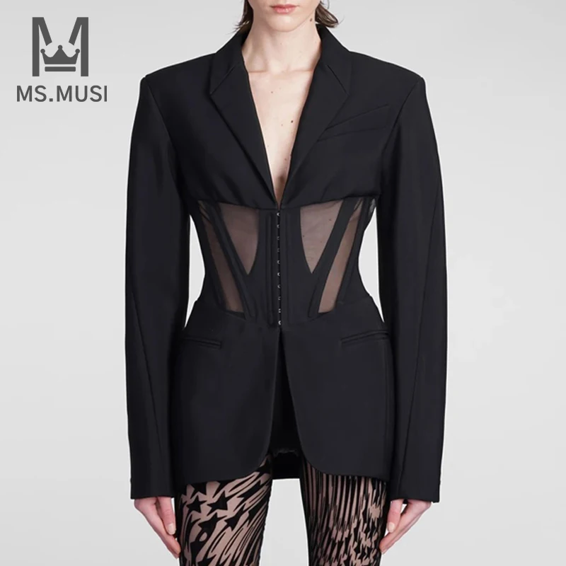 MSMUSI 2024 New Fashion Women Sexy Turn Down Collar Lace Mesh Hollow Out Long Sleeve Backless Bodycon Party Club Slim Mini Dress