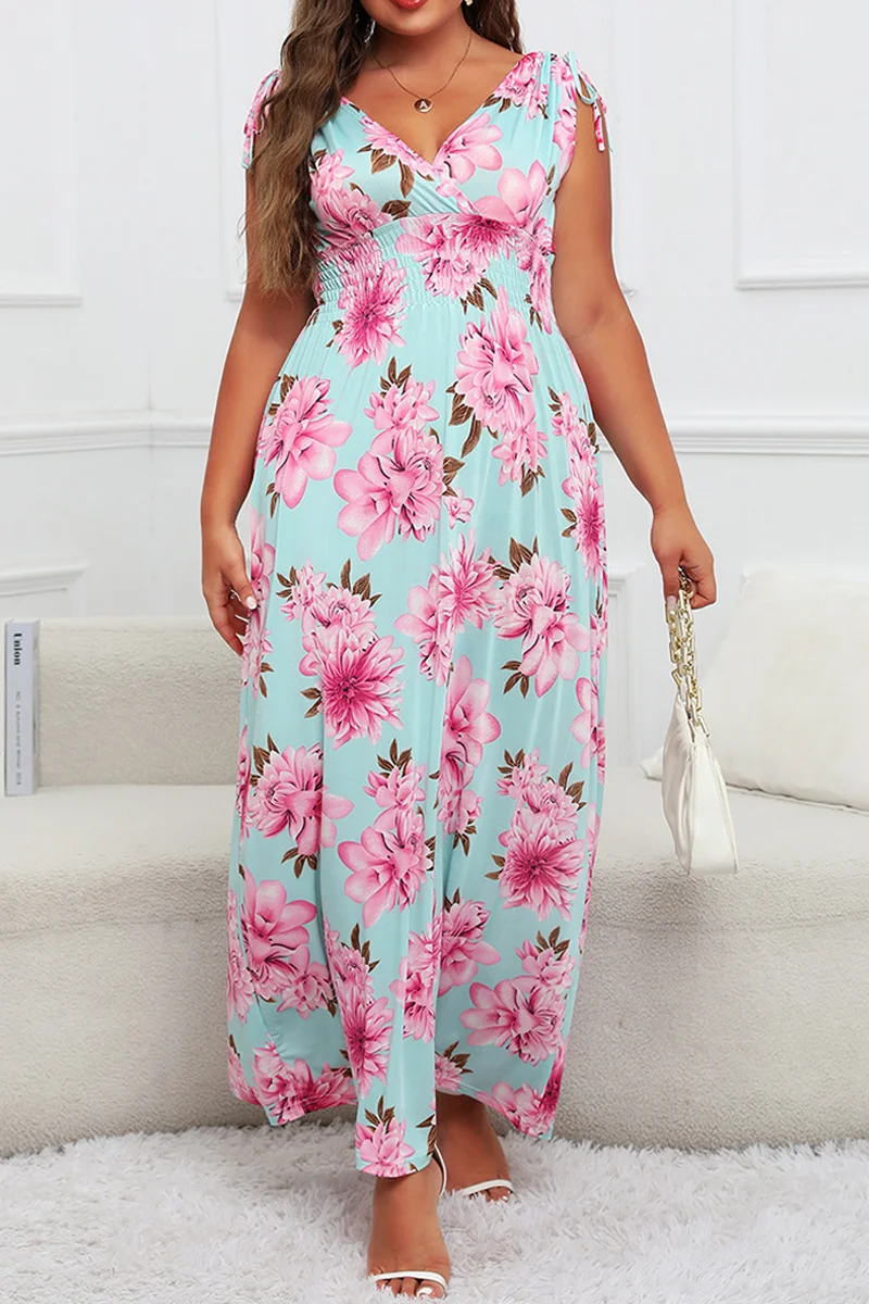

Plus - Size Light Blue Sleeveless V - neck Maxi Dress with Pink Floral Print: Vivid - romantic and Charming