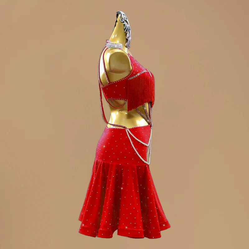 2025年ラテンダンスパフォーマンス衣装 タッセル ラインストーン パールチェーン レッドドレス ガールズ レディース チャチャダンス競技用ドレス L18008
