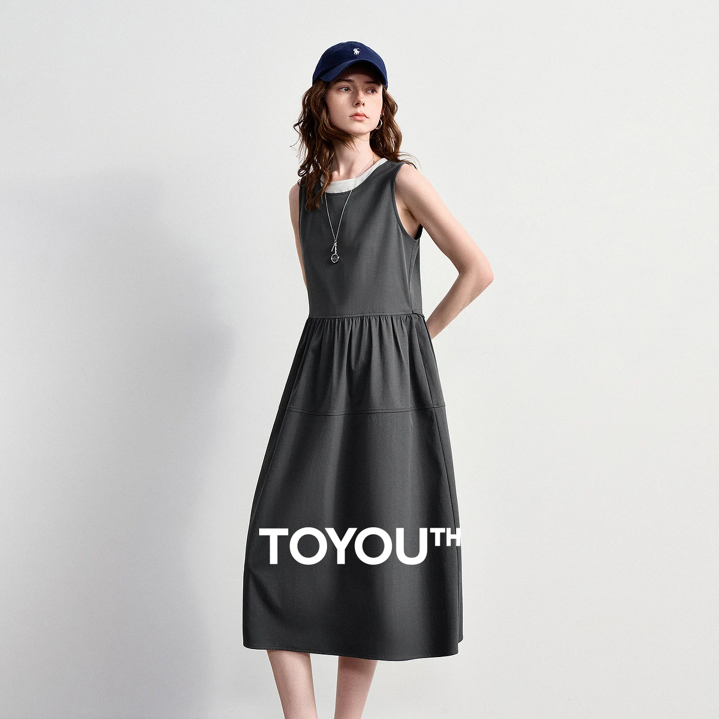 TOYOUTH Women Dark Grey Sleeveless Dress 2026 Summer New Two-Piece Color Block Collar High Waist Tank Dress