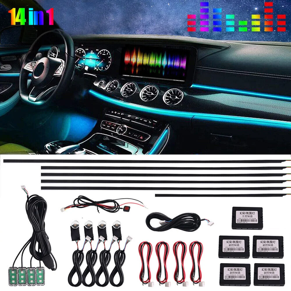 Car Ambient Lights RBG 64 Color Interior Acrylic Strip Light Guide Fiber Optic Interior Decoration Atmosphere Lamp 18 in 1 LED