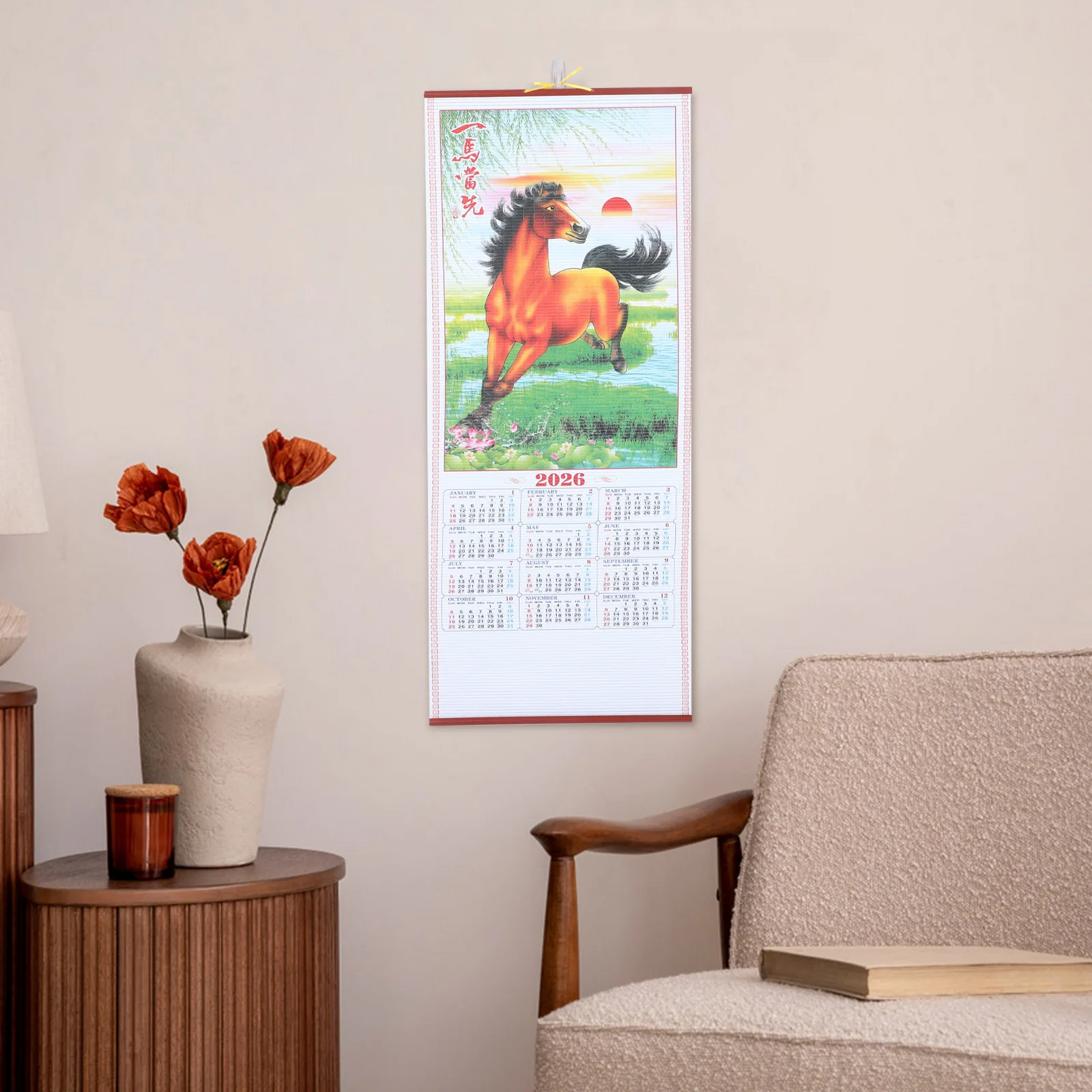 2026 Faux Rattan Horse Year Wall Scroll Calendar Lunar Hanging Decor For Home Office Chinese New Year Zodiac Wall Art Printed