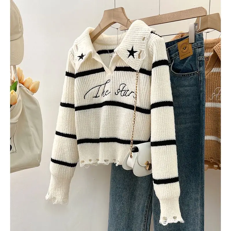 Striped Long Sleeved Knit Sweater Short Style Pullover Sweater Spring and Autumn Women's Clothing Torn Clothes Streetwear Tops