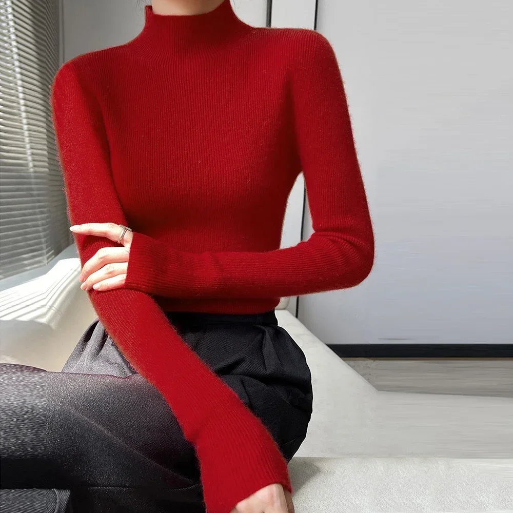 Black White Green Yellow Red Long Sleeved Knitted Sweater Girl S-XL High Collar Long-Sleeved Sweater Shirt Women Slim Tops Tees